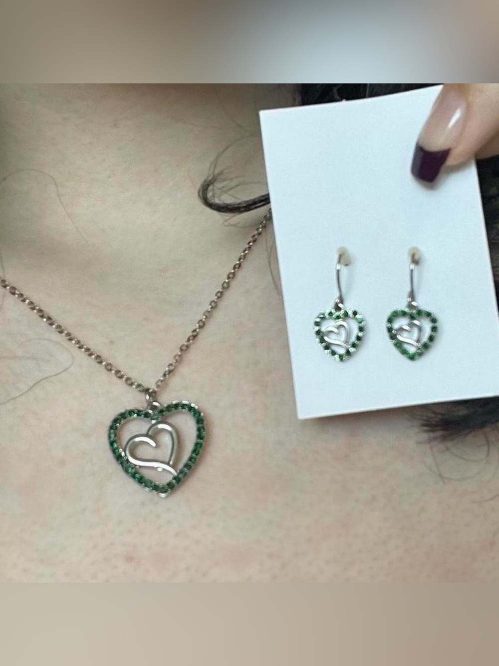 Heart Pendant Silver Necklace and Earrings Set with Green Stones